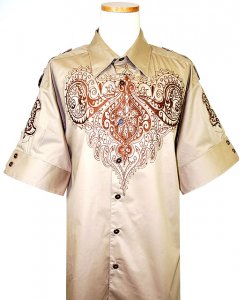 Prestige Khaki With Taupe Embroidered Design 100% Cotton Shirt COT110