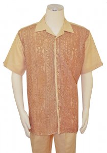 Successos Beige / Camel / Metallic Gold Emboidered Front Short Sleeve Linen Outfit SP3354