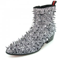 Fiesso Silver Glitter Suede Spikes Ankle Boots FI7316.