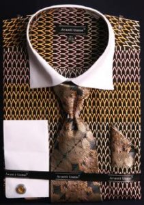 Avanti Uomo Black / Gold / Pink Pointed Two Tone Design 100% Cotton Shirt / Tie / Hanky Set With Free Cufflinks DN61M.