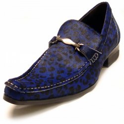 Fiesso Blue Leopard Genuine Leather / Pony Hair Loafer Shoes With Bracelet FI6649