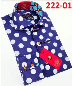 Axxess Royal Blue / White Polka Dots Design Cotton Modern Fit Dress Shirt With Button Cuff 221-01.
