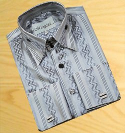 Manzini Platinum Grey / Medium Grey Geometric Design Casual Dress Shirt With Cufflinks MZT-112