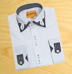 Manzini White Shadow Stripes With Black / White Stripe Trimming on Collar With Button Tab Double Layered High Collar 100% Cotton Dress Shirt MZO-14