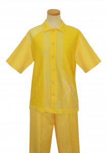 Silversilk Lemon Yellow / White Diagonal Line Design Button Up 2 Piece Short Sleeve Knitted Outfit 9334
