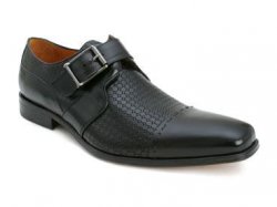 Mezlan "Bianco" Black Uniquely Patterned Italian Calfskin Loafer Shoes With Monkstrap