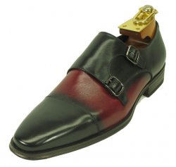 Carrucci Black / Burgundy Genuine Calf Skin Leather With Two Monk Strap Shoes KS261-03.