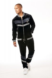 Stacy Adams Black / Silver Greek Key Cotton Velour Modern Fit Tracksuit Outfit 2603