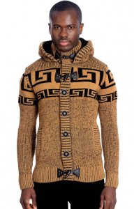 LCR Khaki / Black Modern Fit Wool Blend Sherpa Lined Hooded Cardigan Sweater 6650