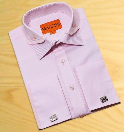 Manzini Rose Embroidered With White/ Rose Pinstripes /Rose Embroidered Triple Layered High Collar 100% Cotton Dress Shirt With Free Cufflinks V4