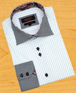 Axxess White / Black Double Pinstripes With White / Black Houndstooth Spread Collar 100% Cotton Dress Shirt 01-166