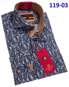 Axxess Navy / Multi Blue / Paisley Design Cotton Modern Fit Dress Shirt With Button Cuff 119-03.