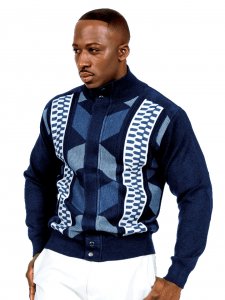 Silversilk Navy Blue / White Knitted Zip-Up Sweater With Navy Blue Microsuede Diamond Elbow Patches 1204
