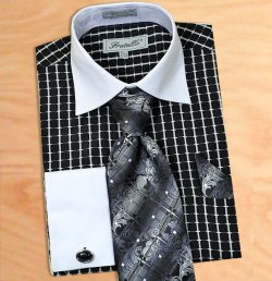 Fratello Black / White Artistic Design Shirt / Tie / Hanky Set With Free Cufflinks FRV4131P2