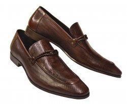 Mezlan "Clovet" 3953-P Brown Genuine Ostrich Leg / Textured Calf With Braid Saddle Loafer Shoes
