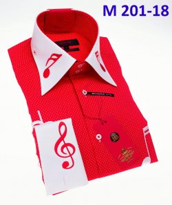 Axxess Red / White Polka Dot Music Note Embroidery Cotton Modern Fit Dress Shirt With French Cuff M201-18.