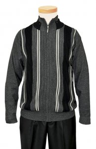 SilverSilk Grey / Black Knitted Front Zipper Stripes Sweater Jacket With Elbow Patches 5955