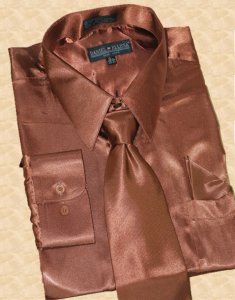 Daniel Ellissa Satin Brown Dress Shirt/Tie/Hanky Set