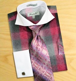 Fratello Fuchsia / Charcoal Grey Windowpanes Shirt / Tie / Hanky Set With Free Cufflinks FRV4119P2