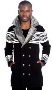 LCR Black / Cream Double Breasted Modern Fit Wool Blend 3/4 Sweater Jacket 6610