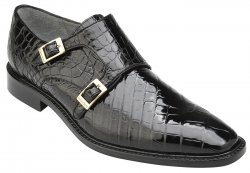 Belvedere "Oscar" Black Genuine All-Over Alligator With Double Monk Strap Loafer Shoes B02.