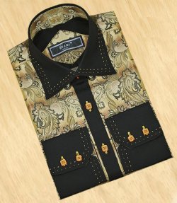 Biani Italy Gold Paisley With Cognac / Gold Double Hand-Pick Stitching Shirt MS-79