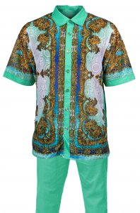 Prestige Mint / Gold / White Hand Laced Irish Linen Short Sleeve Outfit LUX-260