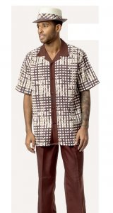 Montique Brown / Beige / Cream Woven Plaid Short Sleeve Outfit 1730
