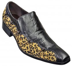 Fiesso Black / Brown Leopard Hair Loafer Shoes with Brown Leather Weaved on Side FI6676