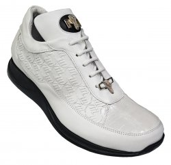 Mauri "King" 8900/2 White Genuine Embossed Calfskin / Crocodile Sneakers With Silver Alligator Head