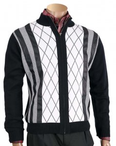 Inserch Black / White PU Leather Multi Pattern Zip-Up Sweater 424