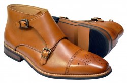 La Milano Cognac Burnished Leather Double Monk Strap Cap Toe Boots B51572