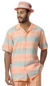 Montique Peach / Powder Blue Horizontal Striped Woven Short Sleeve Outfit 1727