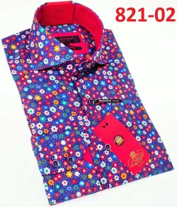 Axxess Blue / Red Cotton Flower Design Modern Fit Dress Shirt With Button Cuff 821-02.