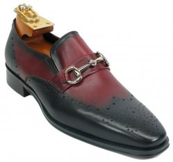 Carrucci Black / Burgundy Genuine Two Tone Leather Perforated Loafer Shoes With Horsebit KS261-04