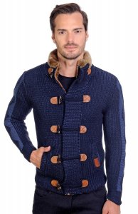 LCR Navy / Blue Classic Fit Faux Fur Collar Wool Blend Cardigan Sweater 6390C