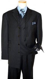 Steve Harvey Collection Black With Sky Blue Pinstripes Super 120's Merino Wool Vested Suit