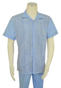 Successos Sky Blue / Metallic Gold Emboidered Front Short Sleeve Linen Outfit SP3354