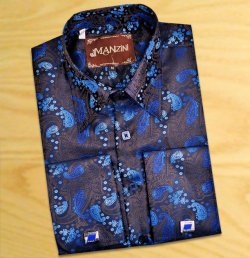 Manzini Navy Blue / Blue Paisley Design Casual Dress Shirt MZT-151
