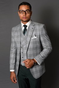 Statement "Otranto" Grey / Hunter Green / Black / White Super 150's Wool Vested Modern Fit Suit