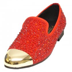 Fiesso Ruby Red Genuine Leather Loafer Shoes With Gold Metal Cap And Ruby Red Rhinestones FI6918