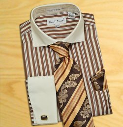 Karl Knox Brown / Cream Pinstripes Design Shirt / Tie / Hanky Set With Free Cufflinks SX4283