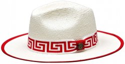 Bruno Capelo White / Red Greek Key Banded Flat Brim Straw Fedora Hat VA-408