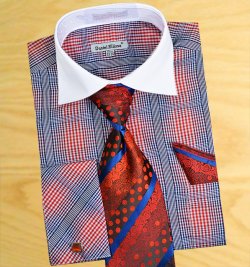 Daniel Ellissa Red / Blue / White Checker Pattern Two Tone Shirt / Tie / Hanky Set With Free Cufflinks DS3766P2