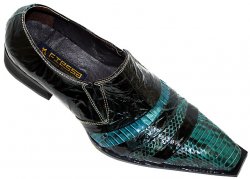 Fiesso Turquoise Blue Genuine Cobra Snake Skin & Wrinkle Patent Leather Pointed Toe Shoes FI8176