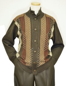 Silversilk Woodland / Rust / Brown / Cream Knitted Silk Blend Sweater With Front Buttons And Suede Patches 3212