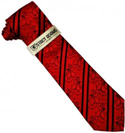 Stacy Adams Collection SA129 Red / Black Diagonal Striped Paisley Design 100% Woven Silk Necktie/Hanky Set