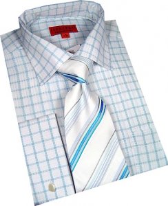 Jean Paul White/Turquoise Checked Shirt/Tie/Hanky Set JPS-18