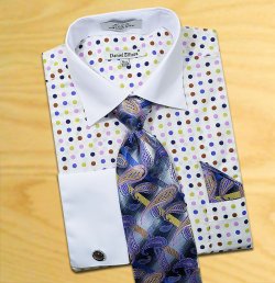 Daniel Ellissa White / Blue / Olive / Purple Polka Dots Shirt / Tie / Hanky Set With Free Cufflinks DS3769P2