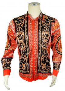 Cielo Red / Gold / Black Greek Pattern Satin Long Sleeve Shirt S1870